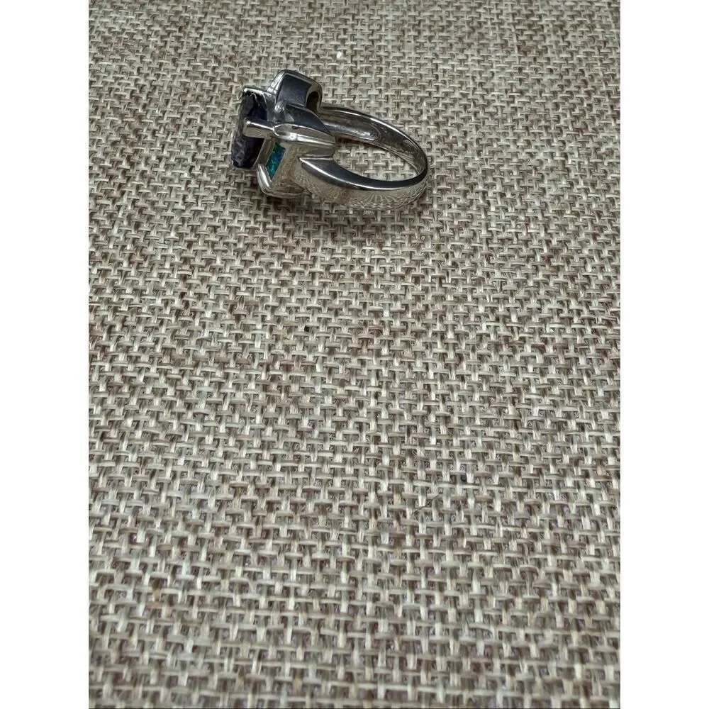 Sterling Silver 925 Blue Heart Ring w/ Lab Opal Inlay & CZ Accents – Size 7